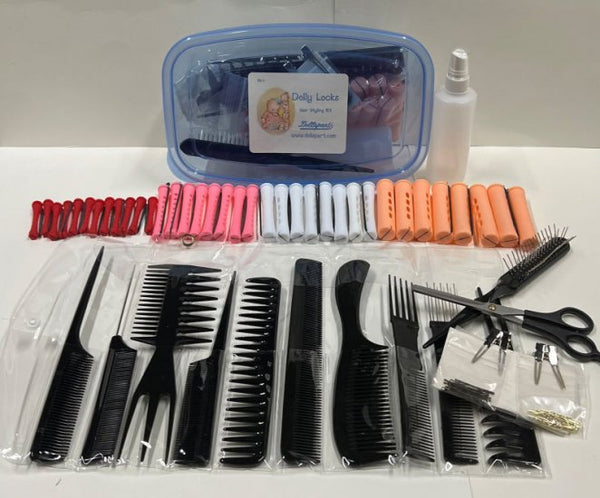 Dolly Locks Hair Styling Kit — combs, brush, spray bottle, thinning shears, clips, pins, end wraps, and 36 assorted rollers in a reusable storage box